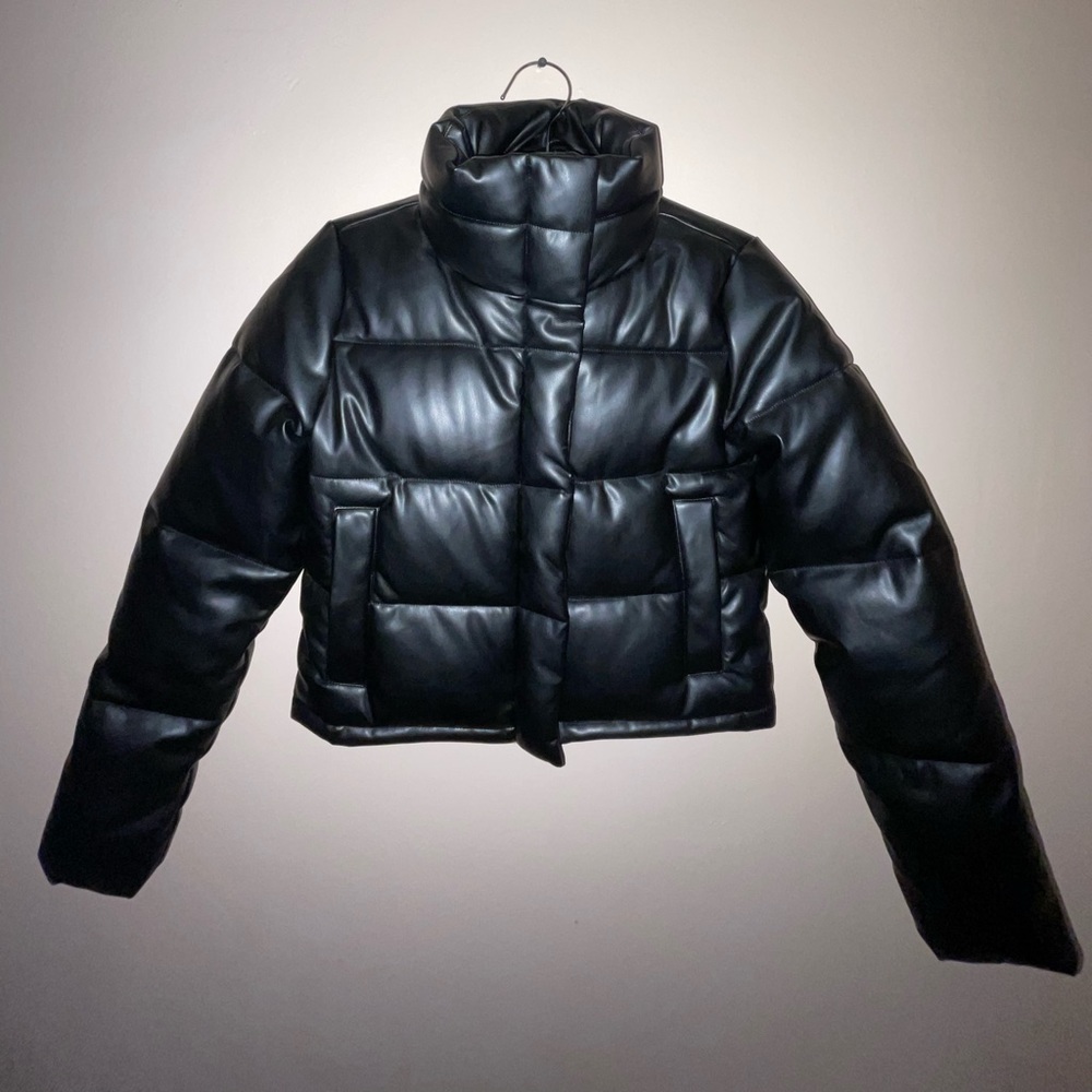 Black Leather Puffer Jacket